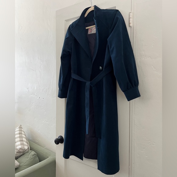 Vintage Hong Kong dark teal blue microsuede long wrap coat trench coat Medium - Picture 2 of 15